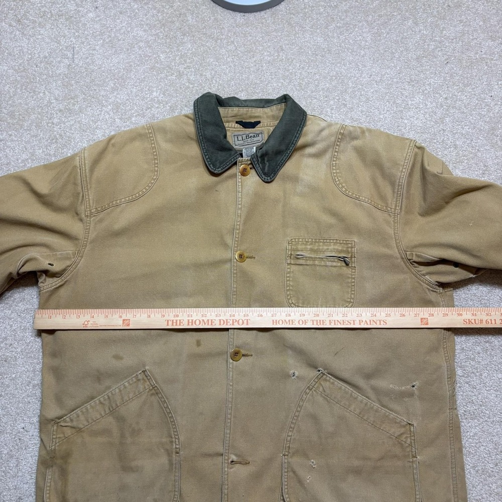 Vtg LL Bean Jacket XXL Beige Canvas Plaid Lined Field Barn Chore Coat Distressed - Picture 11 of 16